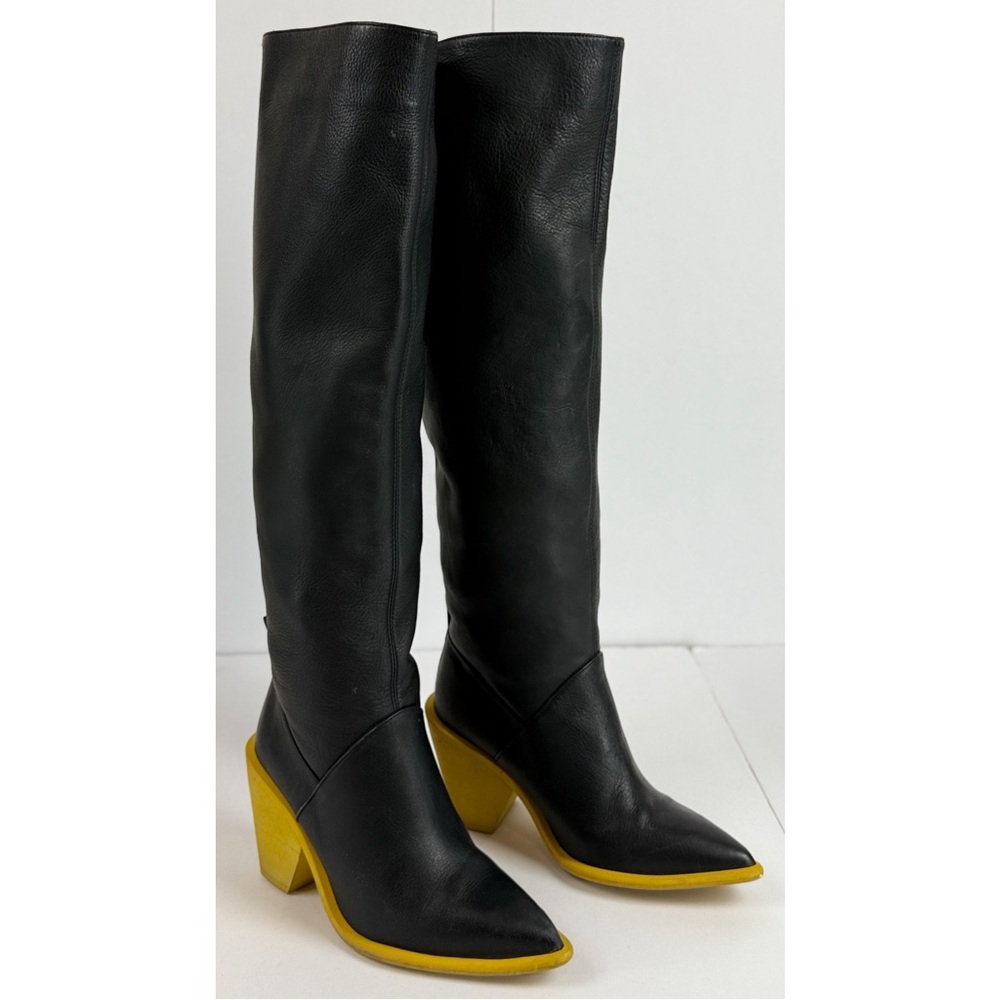 Paloma Barcelo Black Knee High Pointed Toe Block Heel Boots, size 6 US/ 36 EU